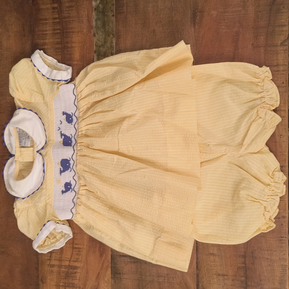 Friedknit Creations Yellow smocked dress with blue whales 3M